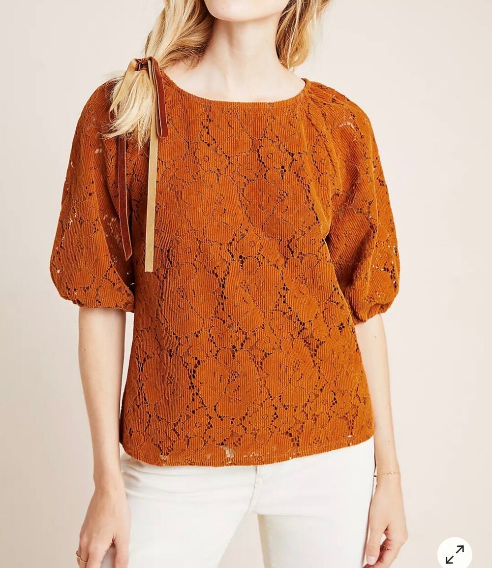 ANTHROPOLOGY DOLAN Norah Floral Corduroy Blouse Women's Size M Rust Orange Brown